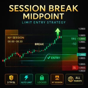 May include: A graphic with the text "SESSION BREAK MIDPOINT LIMIT ENTRY STRATEGY" and a chart showing a green upward arrow. The chart includes the text "NY SESSION 08:00-08:30" and various financial terms and numbers.