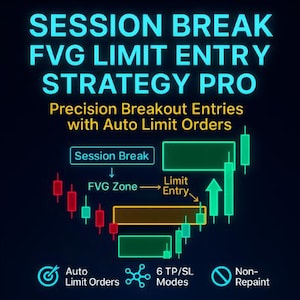 May include: A digital graphic with the text "SESSION BREAK FVG LIMIT ENTRY STRATEGY PRO" in teal. The graphic illustrates a trading strategy with "Precision Breakout Entries with Auto Limit Orders." It includes charts, arrows, and text boxes.