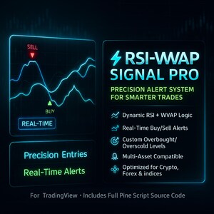 May include: A digital graphic for RSI-WWAP SIGNAL PRO featuring a neon blue line chart with sell and buy indicators. The text reads Precision Alert System for Smarter Trades, Dynamic RSI + WVAP Logic, Real-Time Buy/Sell Alerts, Custom Overbought/Oversold Levels, Multi-Asset Compatible, Optimized for Crypto, Forex & indices, Precision Entries, Real-Time Alerts, and For TradingView - Includes Full Pine Script Source Code.