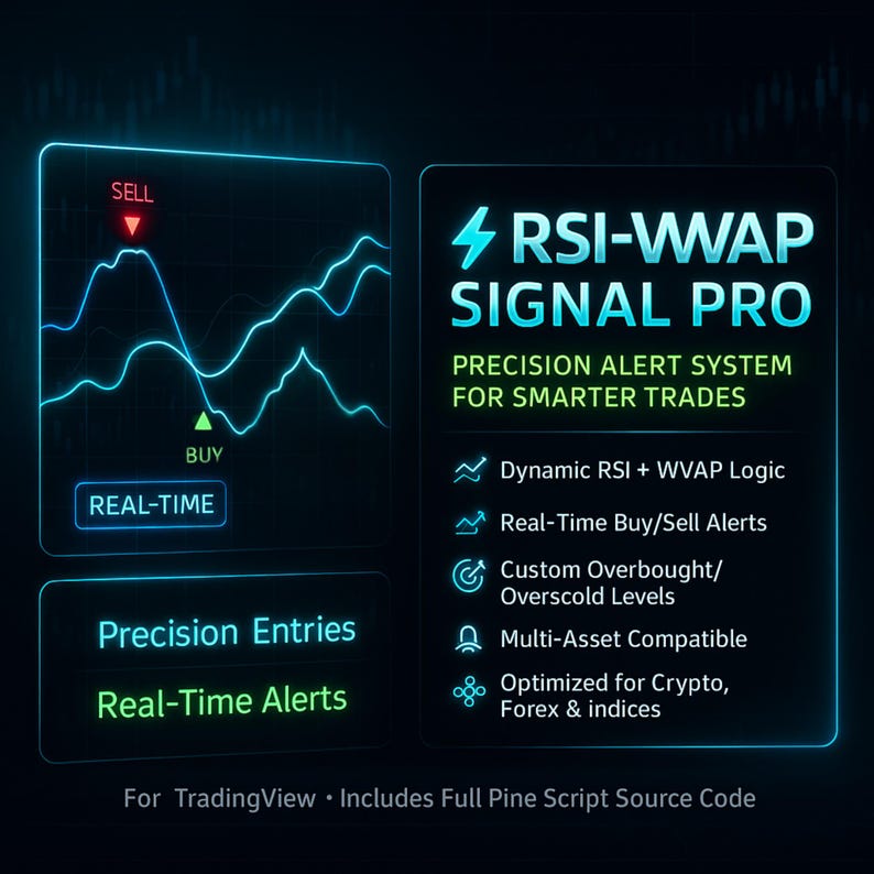 May include: A digital graphic for RSI-WWAP SIGNAL PRO featuring a neon blue line chart with sell and buy indicators. The text reads Precision Alert System for Smarter Trades, Dynamic RSI + WVAP Logic, Real-Time Buy/Sell Alerts, Custom Overbought/Oversold Levels, Multi-Asset Compatible, Optimized for Crypto, Forex & indices, Precision Entries, Real-Time Alerts, and For TradingView - Includes Full Pine Script Source Code.