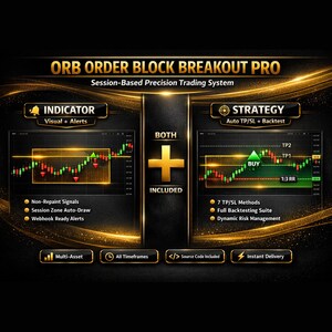 May include: A digital graphic for ORB ORDER BLOCK BREAKOUT PRO trading system. It features two candlestick charts with buy signals, gold text, and icons on a black background. Text includes Indicator, Strategy, Both Included, and feature lists.
