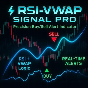 May include: A digital graphic with the text "RSI-VWAP SIGNAL PRO" and "Precision Buy/Sell Alert Indicator." The image features a stock chart with buy and sell indicators, and the words "RSI + VWAP Logic" and "Real-Time Alerts."
