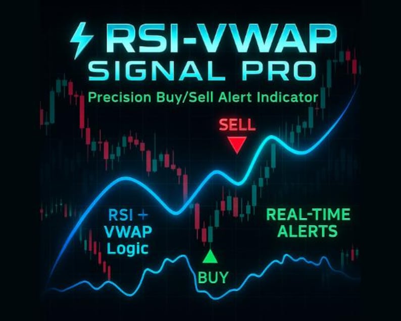 May include: A digital graphic displaying RSI-VWAP SIGNAL PRO Precision Buy/Sell Alert Indicator text over a dark background with red and green candlestick charts, a glowing blue trend line, a red sell arrow, and a green buy arrow with text.