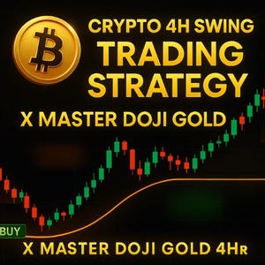 Può includere: Grafica digitale con una moneta Bitcoin dorata e il testo "CRYPTO 4H SWING TRADING STRATEGY". L'immagine include un grafico di borsa con barre verdi e rosse, etichettate "BUY" e "SELL", e il testo "X MASTER DOJI GOLD 4HR".