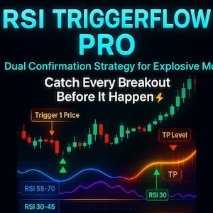 Può includere: Un grafico digitale con il testo "RSI TRIGGERFLOW PRO" in verde acqua e bianco. L'immagine include un grafico azionario con barre verdi e rosse e il testo "Catch Every Breakout Before It Happen".