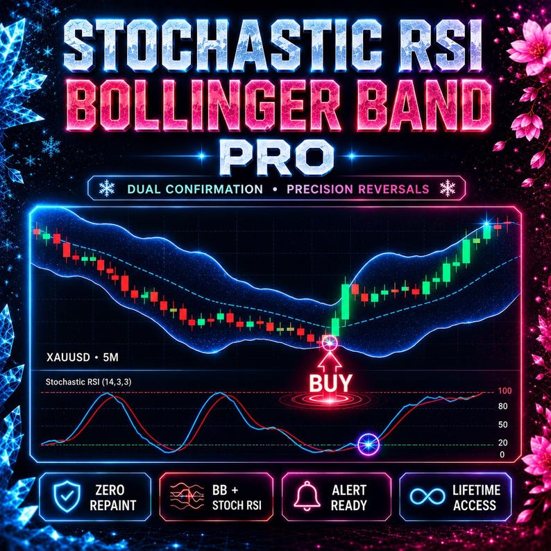 May include: A digital trading chart display titled STOCHASTIC RSI BOLLINGER BAND PRO. The graphic features a candlestick chart with blue bands, a Stochastic RSI indicator, and a BUY signal. Text includes DUAL CONFIRMATION, PRECISION REVERSALS, ZERO REPAINT, BB + STOCH RSI, ALERT READY, and LIFETIME ACCESS.