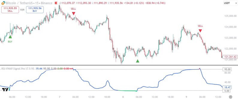 May include: A financial candlestick chart for Bitcoin TetherUS on Binance showing price fluctuations with red sell and green buy indicators. Below the main chart, a blue line graph labelled RSI-VWAP Signal Pro tracks market data trends.
