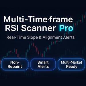 Op de afbeelding: Een digitale afbeelding met de tekst "Multi-Time-frame RSI Scanner Pro" en "Real-Time Slope & Alignment Alerts". Daaronder staan drie blauwe knoppen met de labels "Non-Repaint", "Smart Alerts" en "Multi-Market Ready". De achtergrond heeft een donkerblauwe gradiënt en een beursgrafiek.
