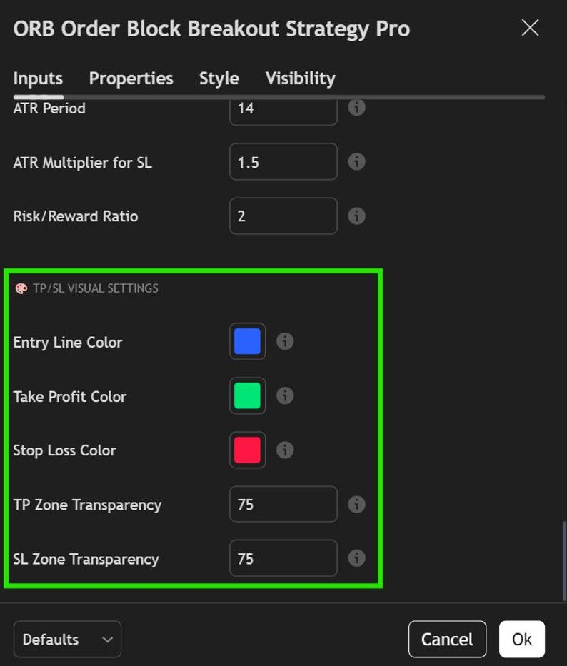 May include: A digital settings menu titled ORB Order Block Breakout Strategy Pro with input fields for ATR Period 14, ATR Multiplier for SL 1.5, and Risk/Reward Ratio 2. A section labeled TP/SL VISUAL SETTINGS includes color selectors for blue, green, and red.