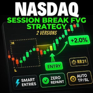 Puede incluir: Gráfico digital que muestra una estrategia de trading bursátil. La imagen presenta el texto "NASDAQ SESSION BREAK FVG STRATEGY 2 VERSIONS" y un gráfico con velas verdes y rojas. Botones: "SMART ENTRIES", "ZERO REPAINT" y "AUTO TP/SL".