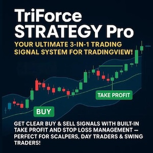 Puede incluir: Gráfico azul oscuro con el texto "TriForce STRATEGY Pro" y "YOUR ULTIMATE 3-IN-1 TRADING SIGNAL SYSTEM FOR TRADINGVIEW!". La imagen incluye un gráfico con barras verdes y rojas, y las palabras "BUY" y "TAKE PROFIT".