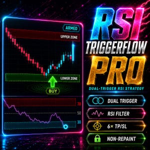 Op de afbeelding: Een digitale afbeelding voor RSI Triggerflow Pro met een neon-omlijnde handelsgrafiek met rode en blauwe candlesticks, een groene koop-pijl en indicatorlijnen. Tekst: RSI Triggerflow Pro, Dual-Trigger, RSI Filter, 6x TP/SL en Non-Repaint.