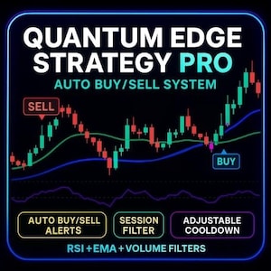 May include: A digital graphic with the text "QUANTUM EDGE STRATEGY PRO AUTO BUY/SELL SYSTEM." The image features a stock chart with red and green candlesticks, and the words "SELL" and "BUY" are displayed. Additional text includes "AUTO BUY/SELL ALERTS," "SESSION FILTER," and "ADJUSTABLE COOLDOWN."