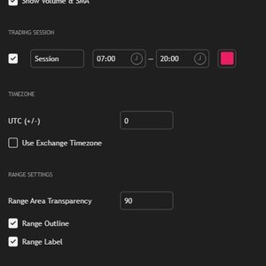 May include: A dark-themed software settings window titled Quantum Edge Strategy Pro. It features checkboxes for indicators like Fast EMA, Slow EMA, and Volume & SMA, alongside input fields for trading session times, UTC offset, and Fast EMA length settings.