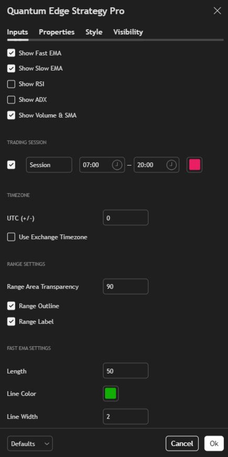 May include: A dark-themed software settings window titled Quantum Edge Strategy Pro. It features checkboxes for indicators like Fast EMA, Slow EMA, and Volume & SMA, alongside input fields for trading session times, UTC offset, and Fast EMA length settings.