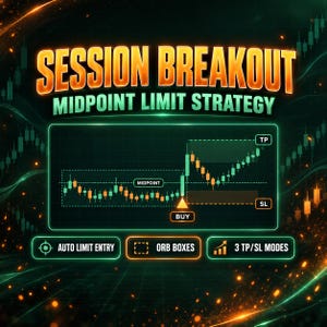 May include: A digital graphic titled SESSION BREAKOUT MIDPOINT LIMIT STRATEGY. It features a candlestick chart with a buy signal, midpoint line, and TP/SL markers. Below are three buttons labeled AUTO LIMIT ENTRY, ORB BOXES, and 3 TP/SL MODES.