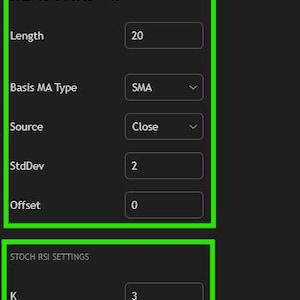 May include: A digital settings menu titled Stochastic RSI + Bollinger Band Pro with tabs for Inputs, Style, and Visibility. The Inputs section features a checkbox for Use Bollinger Band Filter, followed by configurable fields for Bollinger Bands and Stoch RSI.