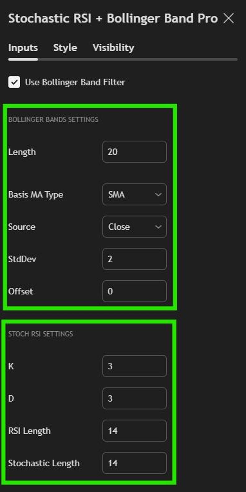 May include: A digital settings menu titled Stochastic RSI + Bollinger Band Pro with tabs for Inputs, Style, and Visibility. The Inputs section features a checkbox for Use Bollinger Band Filter, followed by configurable fields for Bollinger Bands and Stoch RSI.