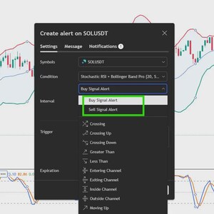 May include: A digital interface window titled Create alert on SOLUSDT with settings for Symbols, Condition, Interval, Trigger, and Expiration. A dropdown menu displays Buy Signal Alert and Sell Signal Alert options over a financial chart background.