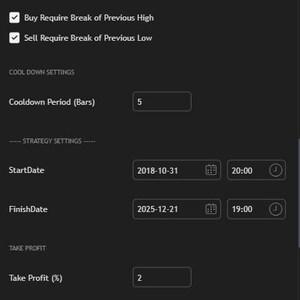May include: A dark grey software settings window titled Quantum Edge Strategy Pro. It features input fields for Min Candle Body %, Cooldown Period, StartDate, FinishDate, Take Profit %, and Fixed SL %. Checkboxes for buy and sell break settings are visible.
