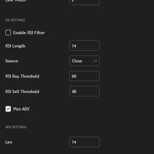 May include: A dark grey software settings menu titled Quantum Edge Strategy Pro with tabs for Inputs, Properties, Style, and Visibility. It displays configurable parameters for Slow EMA, RSI, ADX, and Volume settings with numerical input fields.