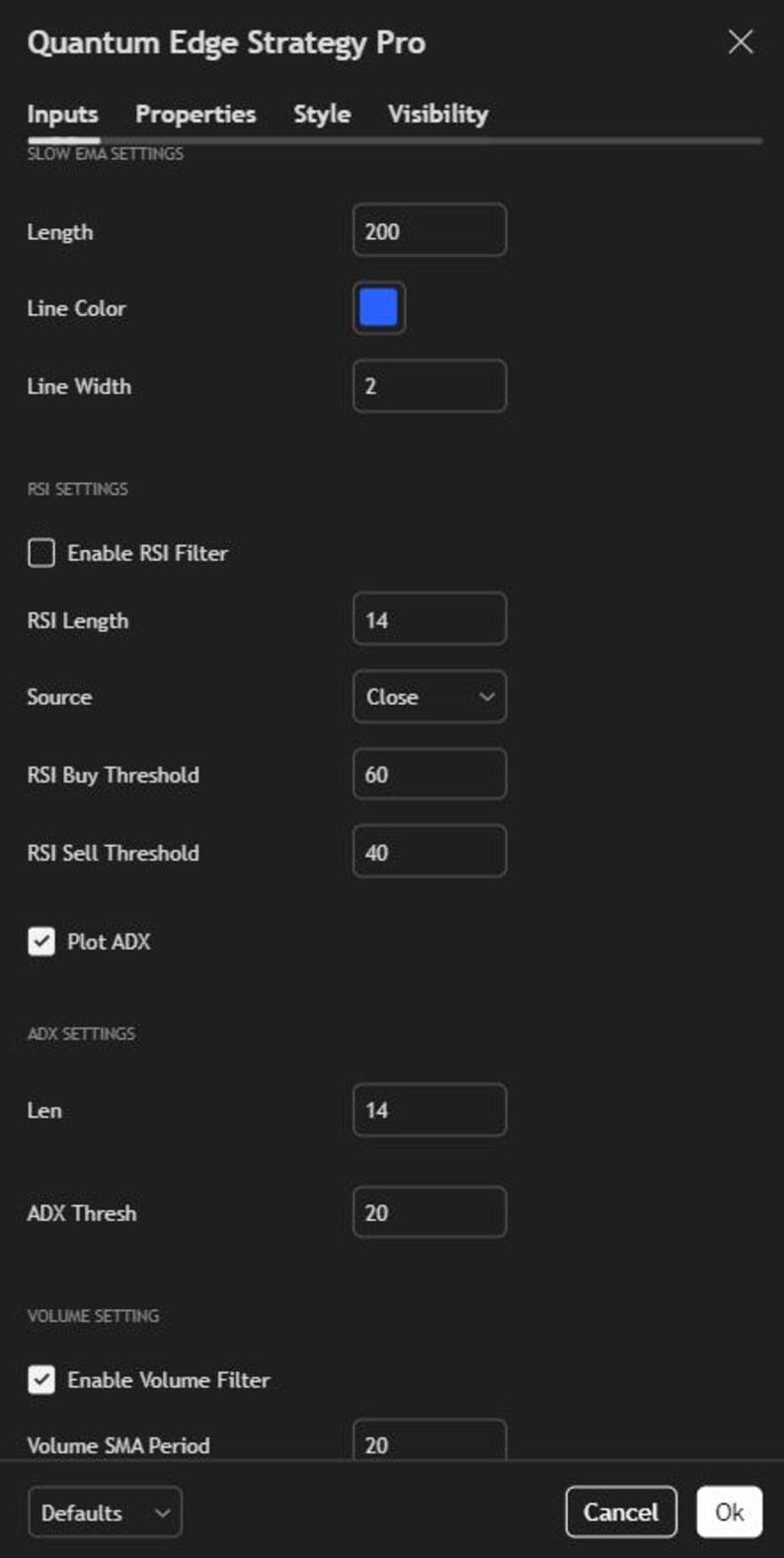May include: A dark grey software settings menu titled Quantum Edge Strategy Pro with tabs for Inputs, Properties, Style, and Visibility. It displays configurable parameters for Slow EMA, RSI, ADX, and Volume settings with numerical input fields.
