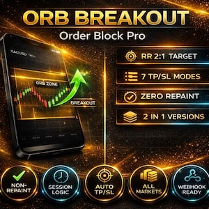 Può includere: Uno smartphone mostra un grafico finanziario con linee verdi e rosse, etichettato come "ORB ZONE" e "BREAKOUT". L'immagine include testo come "ORB BREAKOUT", "Order Block Pro", e icone che indicano funzionalità come "RR 2:1 TARGET" e "ZERO REPAINT".