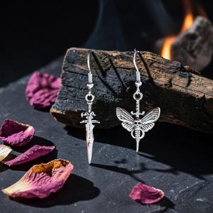 Mismatched Earrings – Dagger, Sword & Night Moth Butterfly Skull – Punk Gothic Rock, Handmade Alternative Gift
