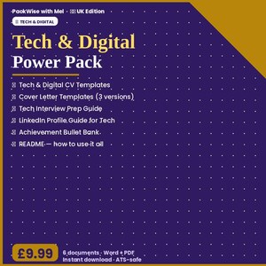 May include: A digital document bundle titled Tech & Digital Power Pack, featuring a purple background with a white dot grid pattern. It includes CV templates, cover letter templates, a tech interview guide, a LinkedIn profile guide, and a README file.