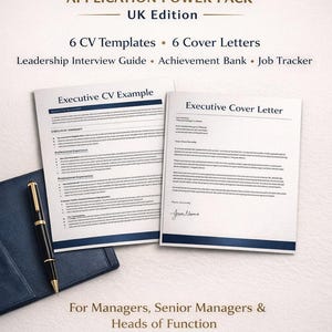 Peut inclure: Un "Executive Application Power Pack" avec le texte "UK Edition". L'image présente 6 modèles de CV, 6 lettres de motivation, un guide d'entretien, une banque de réalisations et un suivi d'emploi. Pour les managers et cadres supérieurs.