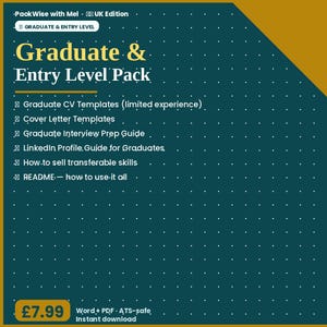 Op de afbeelding: Een digitaal documentpakket getiteld Graduate & Entry Level Pack van PackWise with Mel UK Edition. Het bevat cv-sjablonen voor afgestudeerden, sjablonen voor sollicitatiebrieven, een gids voor sollicitatiegesprekken en diverse handleidingen.