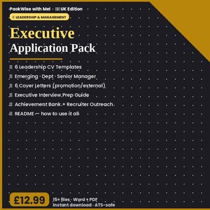 Op de afbeelding: Een zwart digitaal documentsjabloon getiteld Executive Application Pack met gouden accenten. Het bevat 6 leiderschap CV-sjablonen, 6 sollicitatiebrieven, een gids voor interviewvoorbereiding, een prestatiebank en een README-bestand.