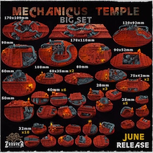May include: A collection of red and gray Mechanicus Temple miniatures, with various sizes and designs. The set includes pieces ranging from 25mm to 170mm in length, featuring mechanical details and brick textures. The text "MECHANICUS TEMPLE BIG SET" is visible.