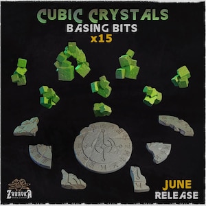 May include: CUBIC CRYSTALS BASING BITS x15 JUNE RELEASE. A collection of fifteen bright green cubic crystal clusters arranged above several grey stone-like circular and fragmented base pieces featuring etched symbols and markings.