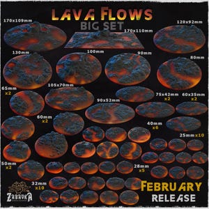May include: A collection of miniature lava flow terrain pieces in various shapes and sizes, with fiery orange and black color schemes. The set includes pieces ranging from 25mm to 170mm in size, perfect for tabletop gaming. The text "LAVA FLOWS BIG SET" is displayed.