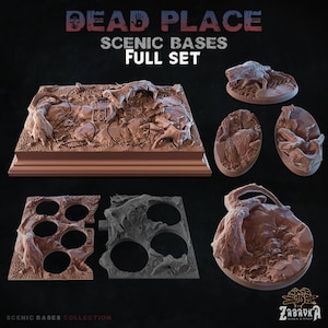 May include: A collection of brown scenic bases for miniature figures, with the text "DEAD PLACE" and "SCENIC BASES FULL SET". The bases feature detailed terrain, including rocks and organic shapes, suitable for tabletop gaming or model building.