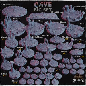 Könnte beinhalten: Eine Sammlung grauer, strukturierter Höhlenterras für Tabletop-Spiele. Das Set enthält verschiedene Größen und Formen, von großen Felsformationen bis hin zu kleineren, einzelnen Steinen. Maße in Millimetern.
