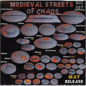 Puede incluir: Una colección de piezas de terreno grises con textura de piedra para juegos de mesa, titulada "Medieval Streets of Chaos". Incluye varias formas y tamaños, con acentos naranja fuego. Los tamaños varían de 2,5 cm a 17 cm. El conjunto se anuncia como un "Big Set".