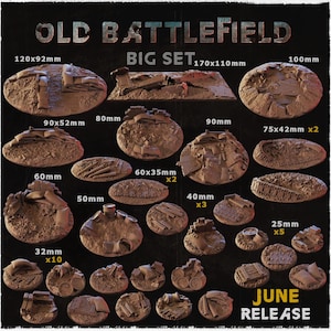 Może przedstawiać: Zestaw miniaturowych elementów terenu do gier stołowych, oznaczony jako "OLD BATTLEFIELD BIG SET". Zestaw zawiera różne rozmiary, od 25 mm do 120x92 mm, z szczegółowymi, teksturowanymi wzorami zniszczonych struktur i krajobrazów. Widoczne jest również "JUNE RELEASE".