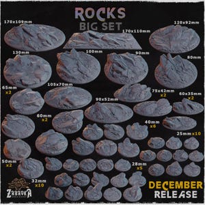Peut inclure: Ensemble de modèles de roches grises de différentes tailles, avec des dimensions en millimètres. L'ensemble comprend des formations rocheuses grandes, moyennes et petites, parfaites pour les paysages miniatures. Le texte "ROCKS BIG SET" et "DECEMBER RELEASE" sont visibles.