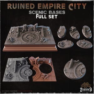 Könnte beinhalten: Ein komplettes Set von Ruined Empire City-Szenenbasen. Die Basen haben verschiedene Formen und Größen und weisen detaillierte architektonische Ruinen auf. Die Farbpalette umfasst Grau- und Brauntöne, mit sichtbarem Text, der "Ruined Empire City" und "Scenic Bases Full Set" lautet.