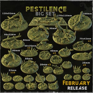 May include: A selection of miniature terrain pieces for tabletop gaming, with sizes from 25mm to 170mm. The set includes various designs with detailed textures and organic shapes. The text "PESTILENCE BIG SET" and "FEBRUARY RELEASE" are visible. Measurements are in millimeters.