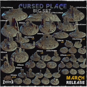Puede incluir: Un conjunto de piezas de terreno en miniatura para juegos de mesa, con estructuras y paisajes en ruinas. El conjunto incluye varios tamaños, con la pieza más grande midiendo 17.0 x 10.9 cm. El texto "CURSED PLACE BIG SET" es visible.