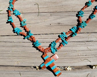Santo Domingo Kewa Native American Turquoise Branch Coral Inlay Mosaic Cross