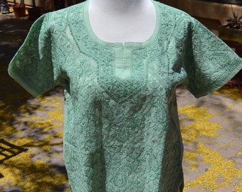 Embroidered Floral Sheer Cotton Muslin Aqua Sea foam Green Bohemian Tunic Blouse size Small