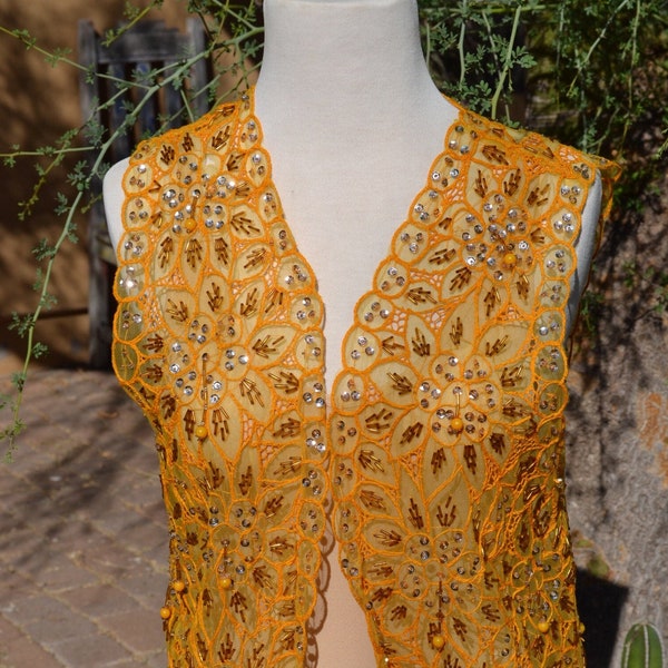 Beaded Embellished Embroidered Gold Yellow Nylon Organza Sheer 70s Vest Size s-m