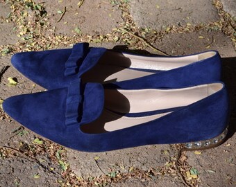 Miu Miu Navy Blue Lambskin Suede Crystal Embellished Loafers Flats Size 9 or 39 1/2