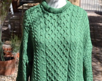 Irish Carraig Donn Emerald Green Aran Wool Cable Knit Fisherman Oversized Knit Sweater Men’s Large