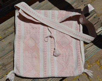 Cotton Woven Embroidered pink white Mexican Guatemalan Crossbody Bohemian Bag Purse