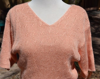 Evan-Picone Peach Pink Short sleeve Soft Knit Rayon Sweater V Neck Blouse Top Size Medium